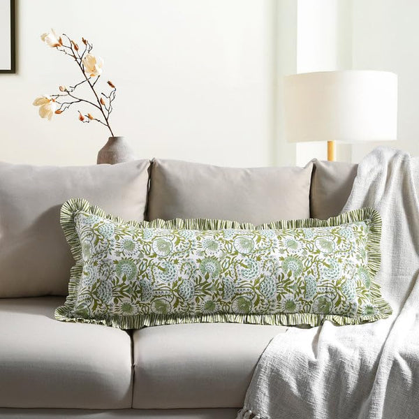 CPC Hand Block Print Agate Green Ruffle Sham Pillow Cover 36" x 14" inch Hidden Zipper Decorative Pillowcase for Couch, Bed, Sofa, Farmhouse, Cottagecore Decor Gift Spring, Mother's Day
