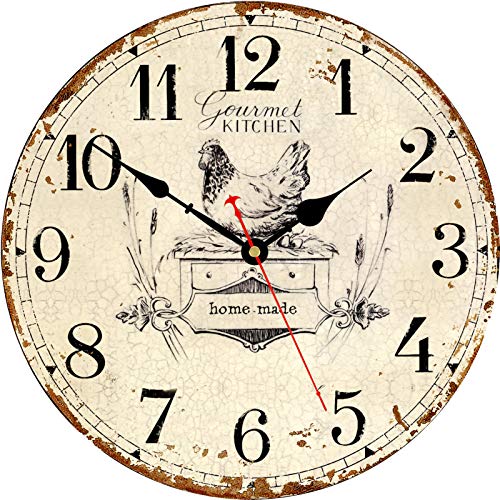 Rustic Wall Clock French Country Vintage 14 Inch Battery Operated Silent Non-Ticking Wooden Wall Clocks Retro Arabic Numerals Animal Hen Style (Gourmet Kitchen)