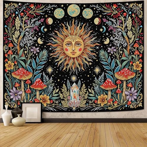 Accnicc Boho Sun and Moon Tapestry Hippie Mushroom Floral Wall Tapestry for Bedroom Aesthetic Vintage Plant Celestial Spiritual Small Tapestries Wall Hanging for Dorm Living Room Decor 48 x 36 Inch