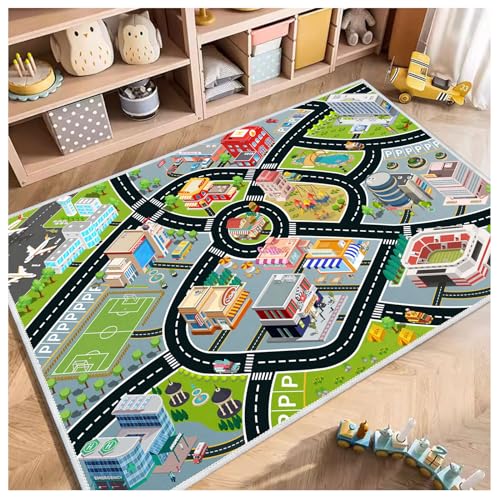 Kids Car Rug, Carpet Playmat for Toy Cars and Train, Road Traffic Play Mat for Kids, Play Area Rug with Non-Slip Backing, Ideal Gift for Children's Room playroom(2.6×3.9ft/31×47in)