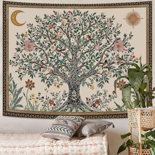 Spenlife Tree of Life Tapestry, Whimsical Floral Tapestries for Bedroom, Cottagecore Wall Decor, Nature Tapestries (60" x 44")