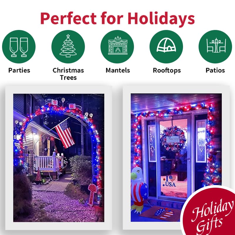 LAMPHOME 50 LED Outdoor Red White Blue Patriotic Lights, 16 FT Mini String Light with 9 Modes & 6 Hour Timer, Waterproof Battery Operated for Independence Day Holiday Memorial Day Party Decor