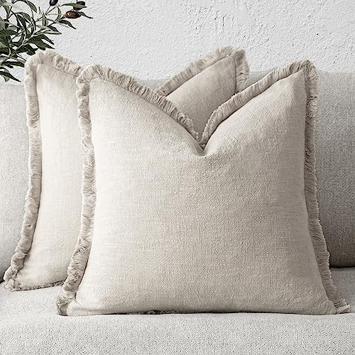Foindtower Set of 2 Decorative Linen Fringe Throw Pillow Covers Cozy Farmhouse Boho Cushion Cover with Tassels Soft Accent Pillowcase for Couch Sofa Bed Living Room Home Decor 20×20 Inch Beige