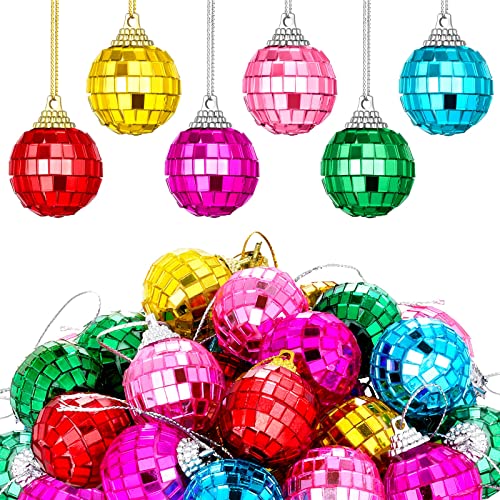 BBTO 24 Pieces Mini Disco Balls Hanging Mirror Disco Balls Party Decor Ornaments Reflective Mirror Ball Cake Decoration with Rope Christmas Tree Wedding Dance Music Decor(Multicolored,1.18 Inch)