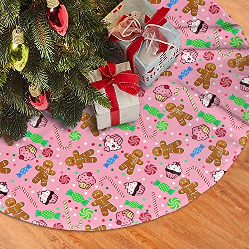 Cute Gingerbread Candy Christmas Tree Skirt 36 Inches Pink Santa Tree Skirts Farmhouse Xmas Tree Mat Ornaments Decorations