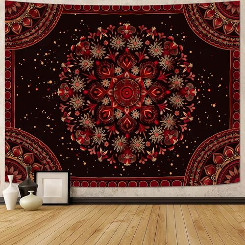 Accnicc Boho Mandala Tapestry Wall Hanging Hippie Bohemian Floral Flower Medallion Tapestry Aesthetic Small Vintage Black Red Indian Tapestries for Bedroom Living Room Dorm Decor 48 x 36 Inch
