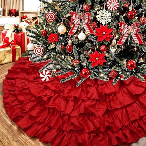 Red Ruffle Tree Skirt Decor, 48 Inches 6-Layer Large Fluffy Poinsettia Tree Skirt for Artificial Trees 6-7 FT, Vintage Rustic Farmhouse Wedding Engagement Party Christmas Decorations Ornaments
