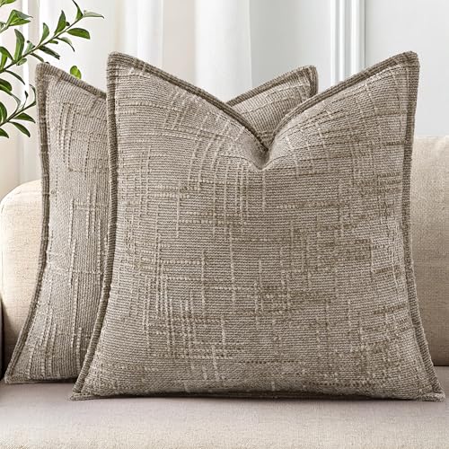 decorUhome Chenille Fall Throw Pillow Covers 18x18 Set of 2, Soft Textured Slubby Modern Decorative Pillow Covers with Elegant Design for Couch, Sofa, Living Room, Oatmeal