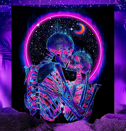 TUGCAY Blacklight Skull Tapestry Glow in the Dark Tapestry Kissing Lovers Tapestries Skeleton Neon Trippy Moon Stars Vertical Posters Wall Hanging Decor for Bedroom Aesthetic – 51.2” x 59.1”