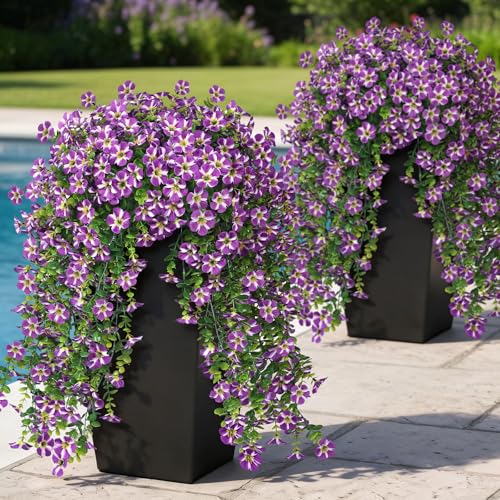 VIERENA 4 Bundles Artificial Hanging Morning Glory Flowers for Outdoor, Realistic Hanging Flowers Silk Fake Morning Glory with Faux Eucalyptus for Yard Garden Porch Patio Balcony Home Decor (Purple)