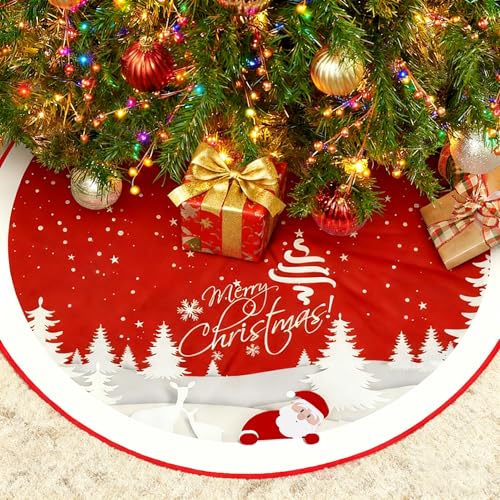 Christmas Tree Skirt Red Xmas Tree Ornaments for White Soft Plush Christmas Tree Mat with Snowy Pattern for Decorations Holiday Party 48 inches