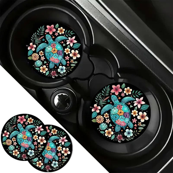 2pcs Turtle Flowers Car Coasters, 2.75-in Ocean Blue Theme Car Cup Holder Coaster Mats for Car Vehicles & Home