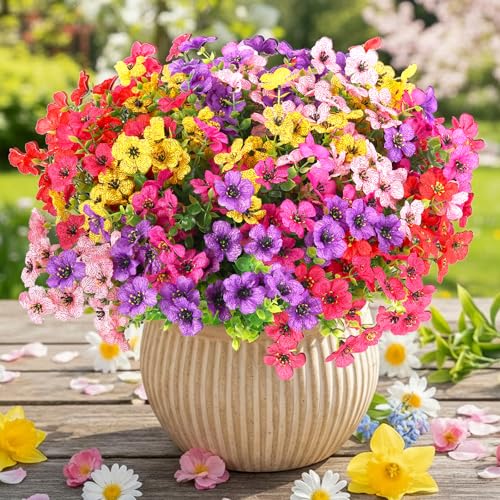 CEWOR Artificial Flowers for Outdoor Indoor, Fake Silk Daisy with Eucalyptus Leaves, Faux Flower for Garden Front Door Porch Planter Patio Home Decor (12 Bundles, 6 Multicolor)