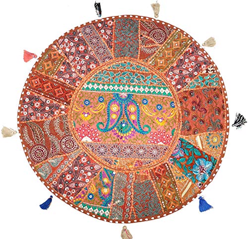 Sophia Art Round Floor Pillow Cushion Patchwork Pouf Ottoman Vintage Indian Foot Stool Bean Bag Floor Pillow Cover Home Decor Living Room Ottoman Bohemain Pillows (Brownish Red, 40 Inch)