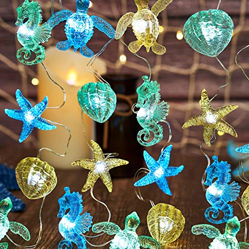 Nautical Theme Ocean Décor Beach Decorative String Lights Outdoor Seahorse Sea Turtle Starfish Shell Cute Marine Life Novelty Night Lights 30LED 10ft Battery Operated