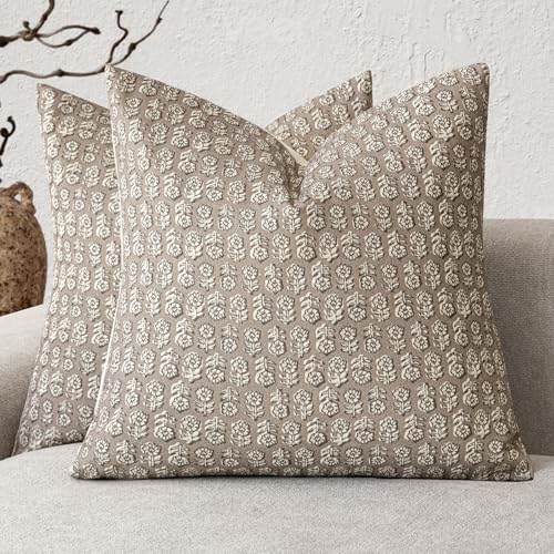 Foindtower Set of 2 Decorative Neutral Floral Print Throw Pillow Covers Vintage Accent Farmhouse Cushion Covers Boho Home Decor for Sofa Couch Chair Bedroom Living Room,20×20 Inch,Tan Taupe