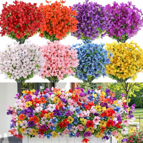 SHareconn Artificial Flowers Outdoors Decoration, Fake Silk mums Eucalyptus Realistic UV Resistant Faux Plants for Outside Indoor Planter Porch Yard Home Spring Decor 20 Bundles, Mix 8 Colors