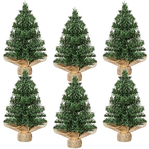 Yinder Tabletop 6 Pcs Mini Christmas Tree 11.81 Inch Artificial Mini Xmas Miniature Pine Christmas Tree with Linen Base for Xmas Holiday Decorations Indoor Home Kitchen Dining Table
