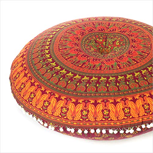 Mandala Floor Pillow Cover Meditation Cushion Seating Throw Hippie Round Colorful Decorative Bohemian Indian Pouf Ottoman Handmade Cover ONLY (P1 Burgundy, 32" x 32")