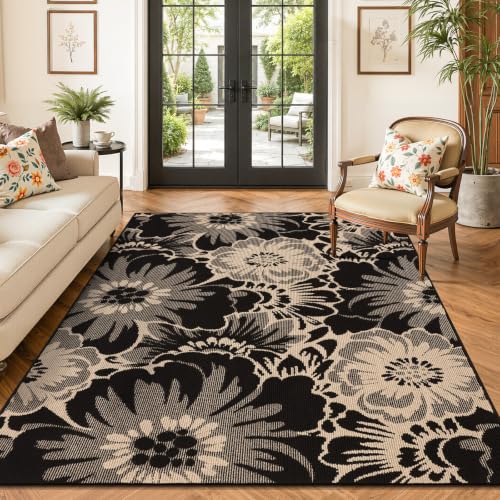 Findosom Washable Area Rug 5x7, Non Slip High-Low Textured Floral Rugs for Living Room with Rubber Backing, Boho Carpet for Bedroom, Kitchen, Entryway, Laundry, Black & Beige
