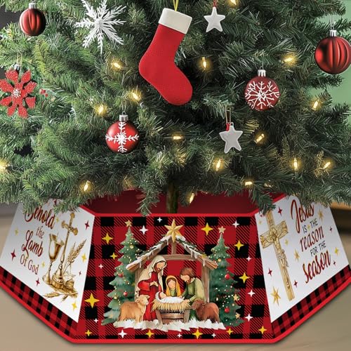 Christmas Tree Collar for Artificial Trees, Nativity Christian Christmas Decorations, Jesus Christian Holy Night Religious Fabric Hexagonal Base Tree Collar Skirt for Xmas Tree Decorations Holiday