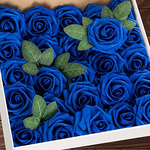 Higfra Artificial Flowers 25pcs Real Looking Royal Blue Foam Fake Roses with Stems for DIY Wedding Bouquets White Bridal Shower Centerpieces Arrangements Mothers Day Party Tables Decorations