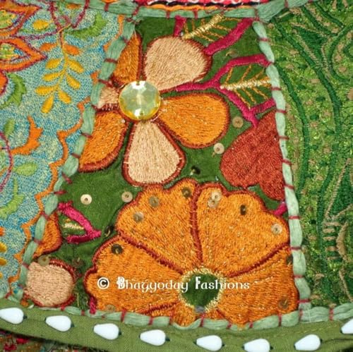 Sophia-Art Indian Embroidered Patchwork Cover Decorative Pouf Indian Comfortable Floor Cotton Cushion Ottoman Pouf,Indian Designs Ethnic Patchwork Pouf (Light Green, 14"x22")