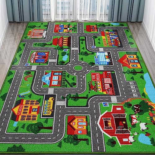 Kids Rug Car Carpet 78.7"x59", Car Rug for Kids Room Playroom Bedroom, Non-Slip Town City Road Map Rugs, Track Car Mat for Kids Boys Girls (78.7X59Inch,Green)