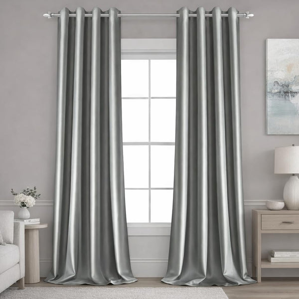 HOMEIDEAS 2 Panels Silver Grey Faux Silk Blackout Luxury Curtains, 52 X 84 Inch Room Darkening Satin Thermal Insulated Window Drapes for Bedroom Decor, Indoor
