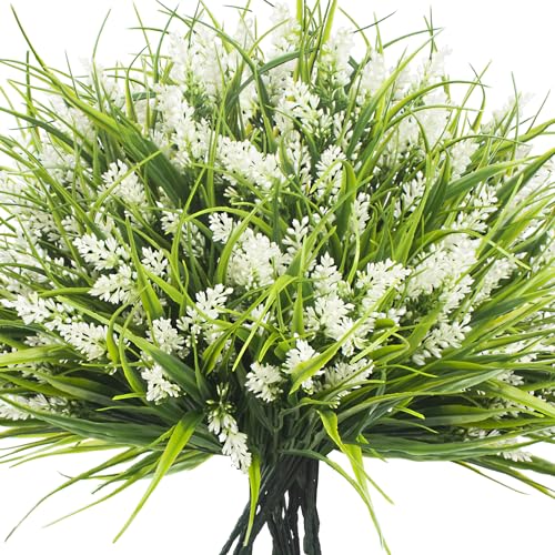 Grunyia 20 Bundles Artificial Plants Outdoor Fake Monkey Grass with Flowers (White)