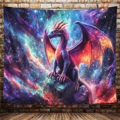 Purple Dragon Tapestry, Gothic Medieval Fantasy Animals Cool Dragon Tapestry for Bedroom Aesthetic, Nebula Starry Sky Tapestry Wall Hanging, Men Boys Poster Blanket College Dorm Home Decor, 40X30in