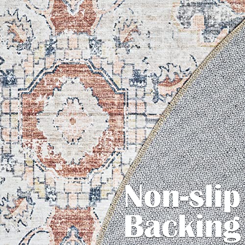 jinchan 8ft Round Rug Vintage Medallion Washable Area Rug, Blue/Orange