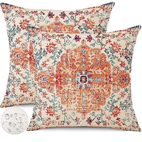 Outdoor Waterproof Pillow Covers 18X18 Inch Set of 2 - Bohemian Vintage Carpet Pattern Orange Blue Ethnic Design Decorative Farmhouse for Couch Garden Balcony