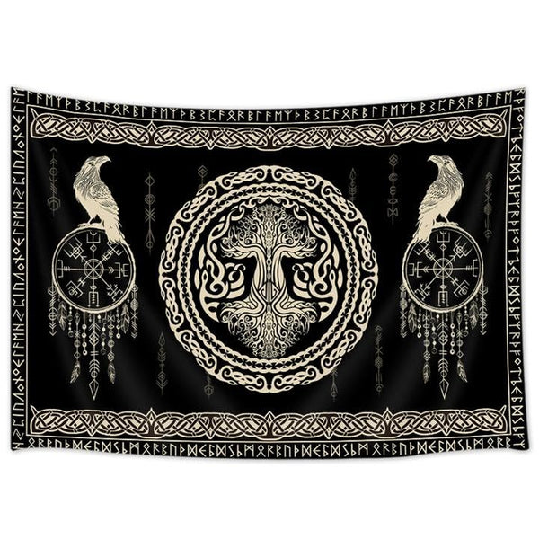 Hajmsug Vikings Tapestry,Black and White Tree Bird of Wisdom Celtic Rune Ancient Rune Totem Norse Mythology Medieval Viking Wall Art,Aesthetic Mythology Tapestry for Bedroom Living Room,40X30 Inch.