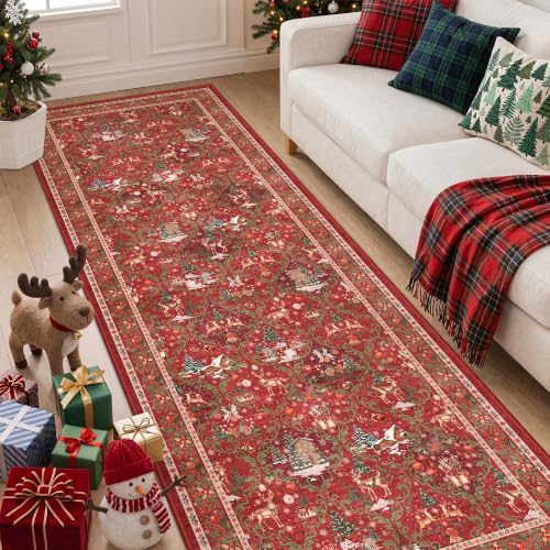 3x8 Christmas Runner Rug for Hallway,Washable Kitchen Rug,Red