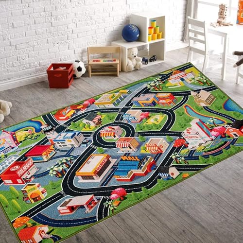 Booooom Jackson Car Rug for Kids, 59" x 31" Soft Non-Slip Play Mat with City Road Pattern, for Toddler Boy to Play Toy Cars in Playroom or Bedroom