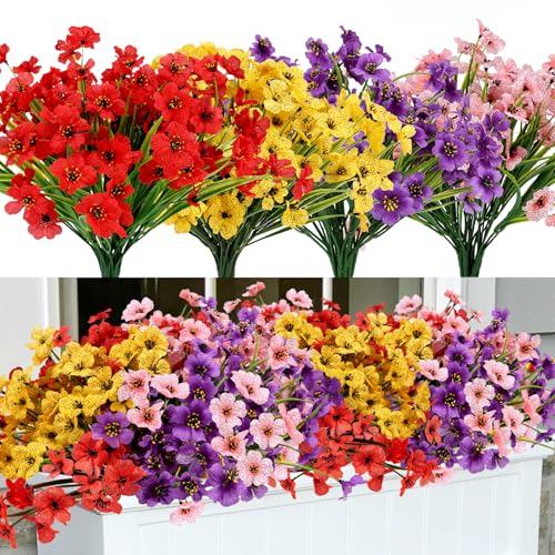 Geegoods Artificial Mums Flowers for Outdoors, 16 Bundles UV Resistant Fake Plastic Colorful Mix Flowers for Patio Porch Spring Summer Decor
