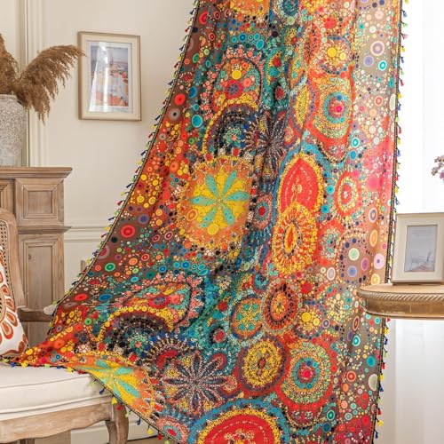 Boho Curtains Geometric Light Filtering Semi-Blackout Window Curtains 84 Inches Long Rod Pocket Drapes for Living Room 2 Panels-Dot Colorful