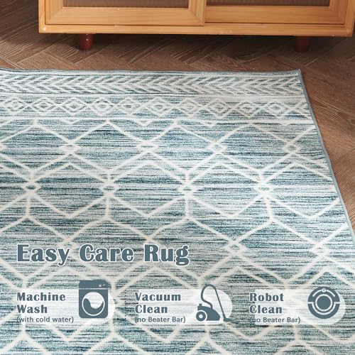 jinchan 5x7 Moroccan Geometric Washable Living Room Area Rug, Teal Blue