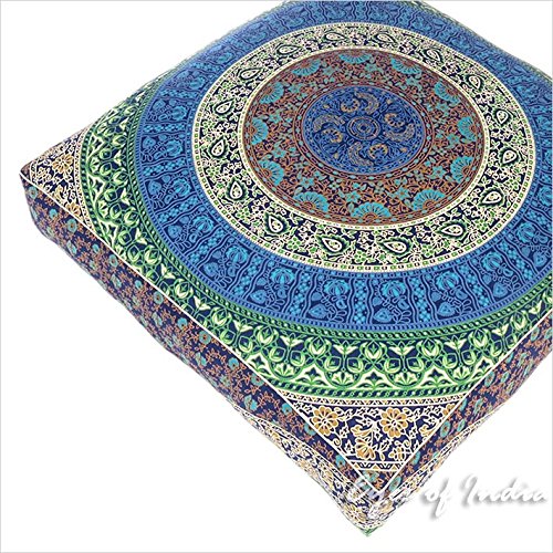 Mandala Floor Pillow Cover Meditation Cushion Seating Throw Hippie Round Colorful Decorative Bohemian Indian Pouf Ottoman Handmade Cover ONLY (K1 Dark Blue 3, 35" x 35")