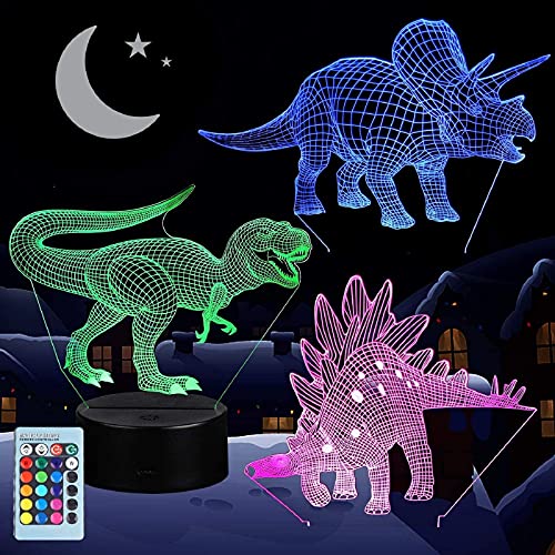 VSATEN 3D Dinosaur Night Light for Kids, 3D Illusion Lamp 3-Pattern & 16 Colors Change Decor Lamp with Remote Control & Smart Touch, Dinosaur Gifts Lamp for 2 3 4 5 6+ Years Old