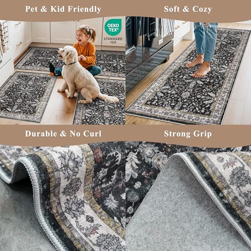 Kitchen Rugs Set of 2 Washable Non Slip – Soft Low Pile Boho Floral Decorative Area Rugs & Runner Mats for Kitchen Floor, Entryway, Hallway, Doorway & Bathroom – Indoor Small Rugs (Black, 2x3+2x4)
