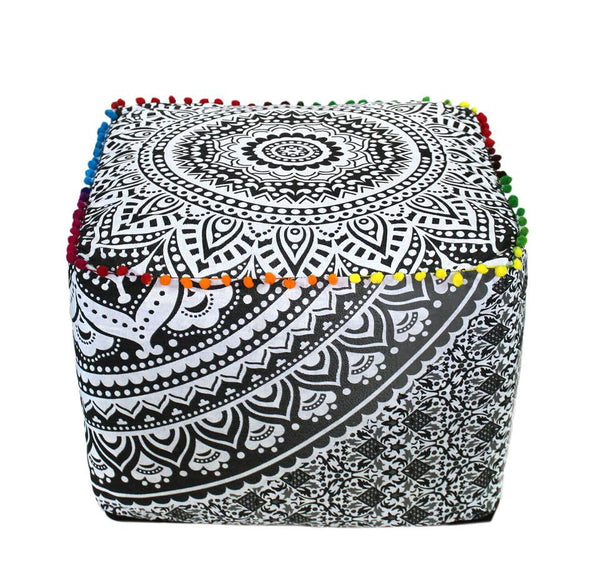 Indian Handmade Mandala | Square Ottoman Pouf Cover | Footstool Seating (Gray Ombre Mandala, 16x16x16)