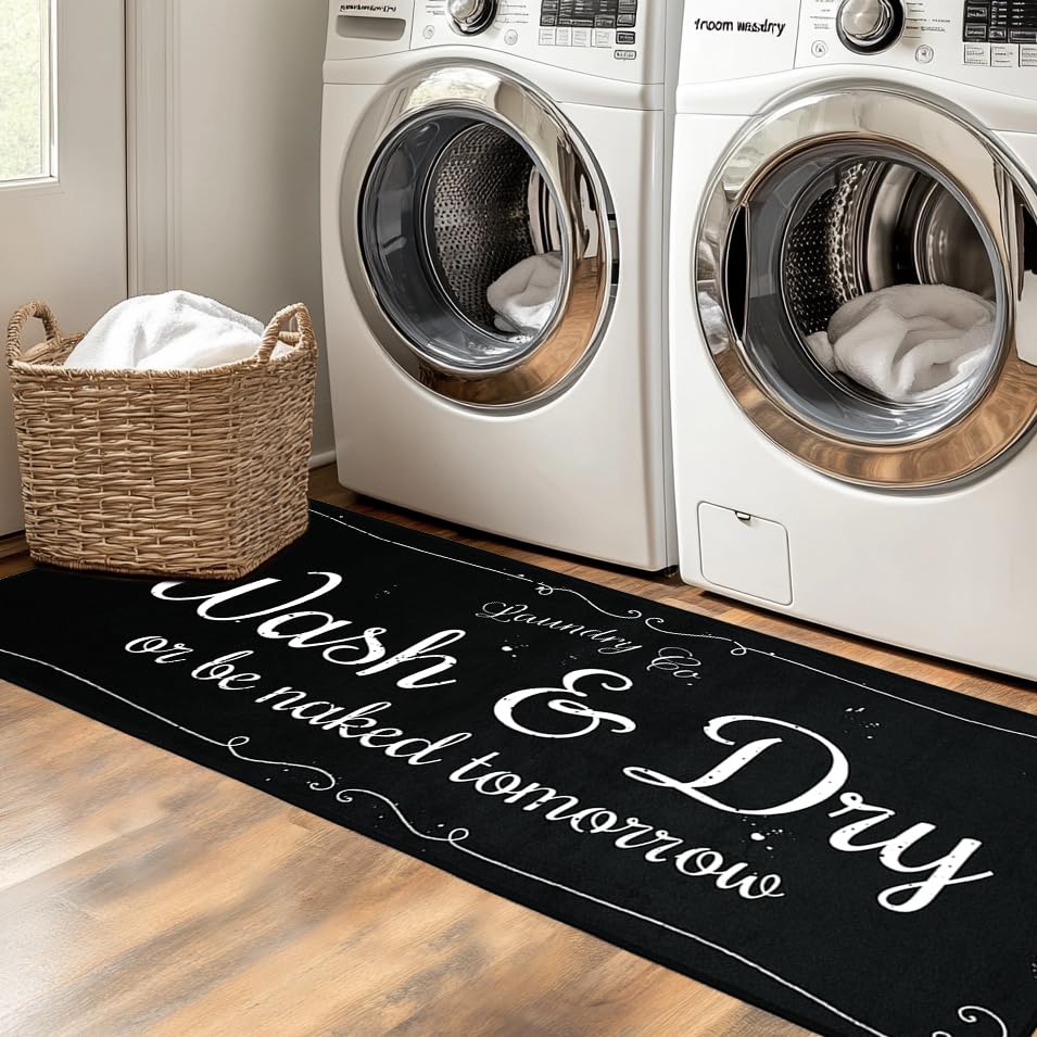 EYECY Laundry Room Rug Runner 20"x49" Non Slip TPR-Backed Rug for Kitchen, Bathroom, and Hallway - Black