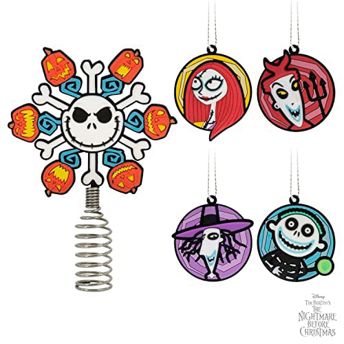 Hallmark Disney Tim Burton's The Nightmare Before Christmas 5" Miniature Christmas Tree Topper and 1.7" Mini Ornaments, Set of 5, Shatterproof