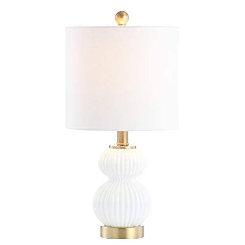 JONATHAN Y 20" White/Brass Gold Ribbed Gourd Glass Table Lamp, Modern Bedside Lamp for Bedroom Living Room, White Linen Drum Shade, LED Bulb Included JYL1099A