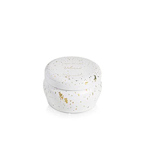 Capri Blue Glimmer Mini Tin - Volcano Scented Candle with Mini Tin Candle Holder - Soy Wax Blend - White and Gold (3 oz)