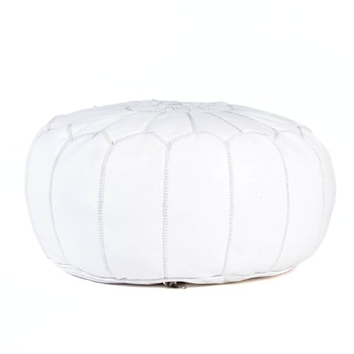 Handmade Moroccan Embroidered Leather Pouf | Delivered Unstuffed | Ottoman, Footstool, Footrest, Hassock, Floor Cushion | Matching Thread (White)