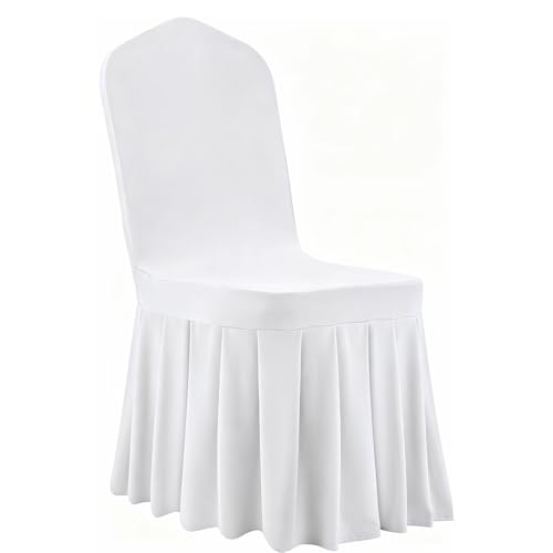 Yahpetes Chair Covers 1 Pcs Pleated Skirt Spandex Chair Cover Stretch Slipcover White Washable Fitted Chair Protector Cover for Dorm, Dining Room, Hotel, Ceremony (White, 1 Pcs)
