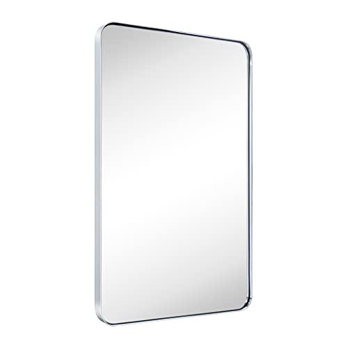 GRACTO 24x36'' Chrome Metal Framed Bathroom Mirror for Wall in Stainless Steel Rounded Rectangular Bathroom Vanity Mirrors Wall Mounted